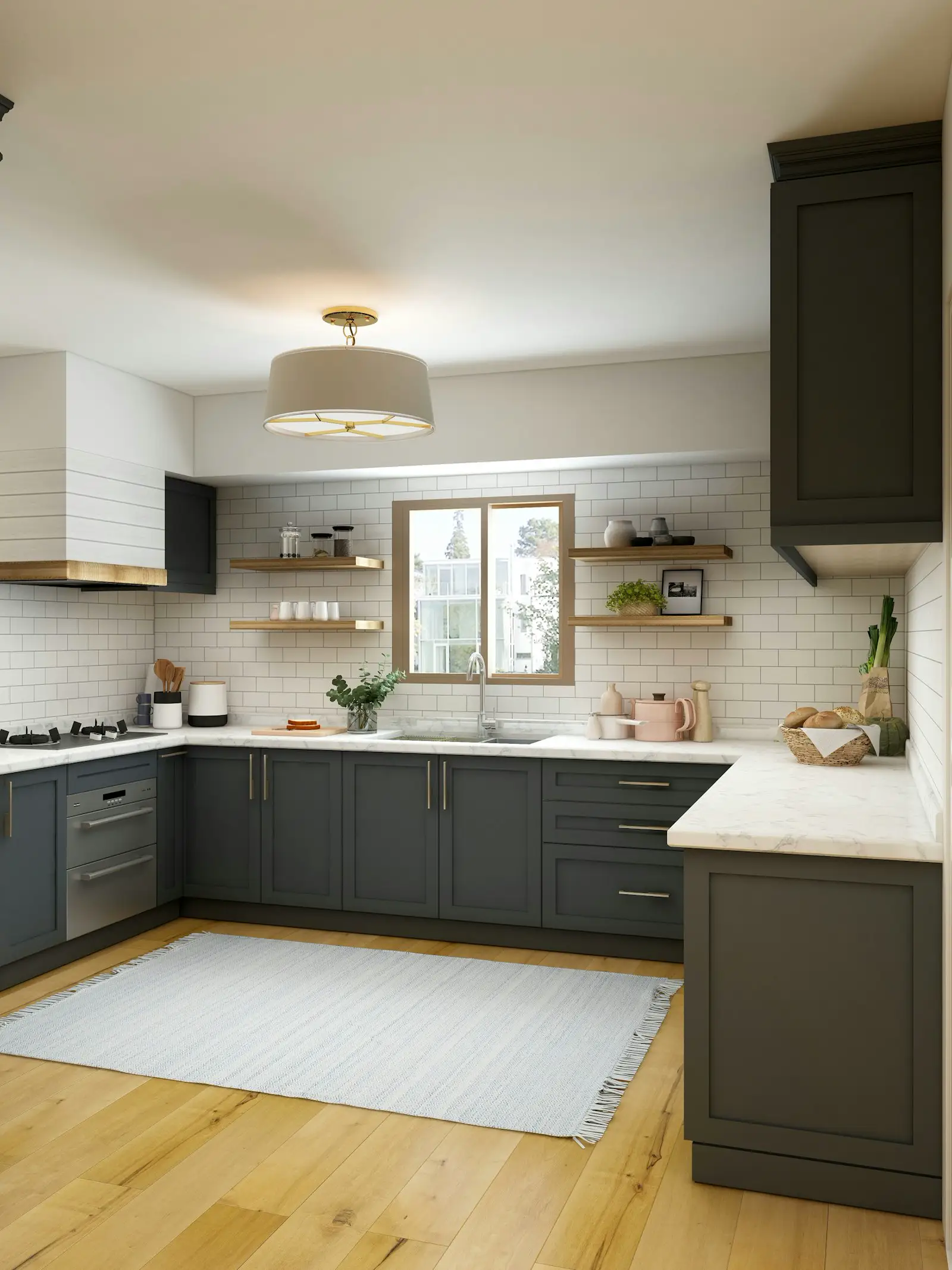 Dark gray cabinets, marble counters, and subway tile. Shown on the Full kitchen page for Hinsdale, IL.
